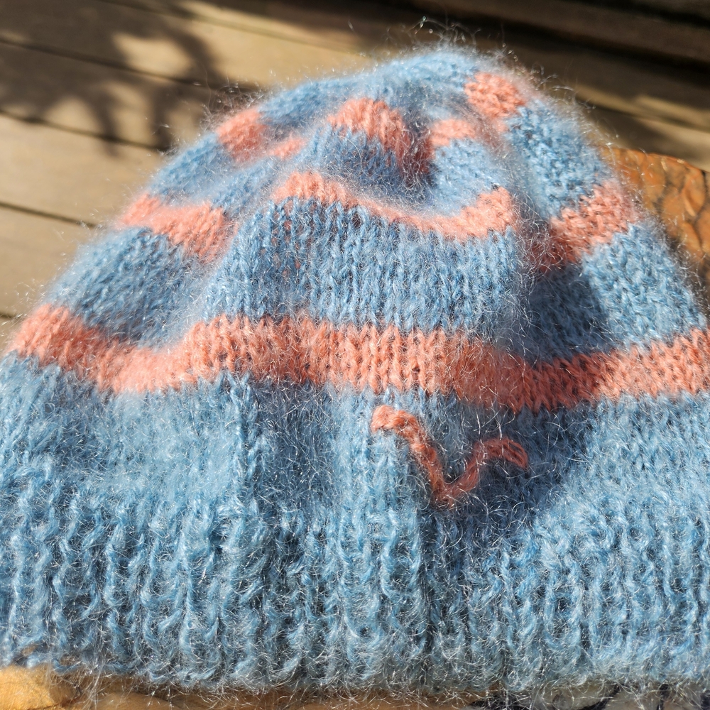 Handknitted With Italian Mohair Blue and Orangie Pink Striped Women's Beanie